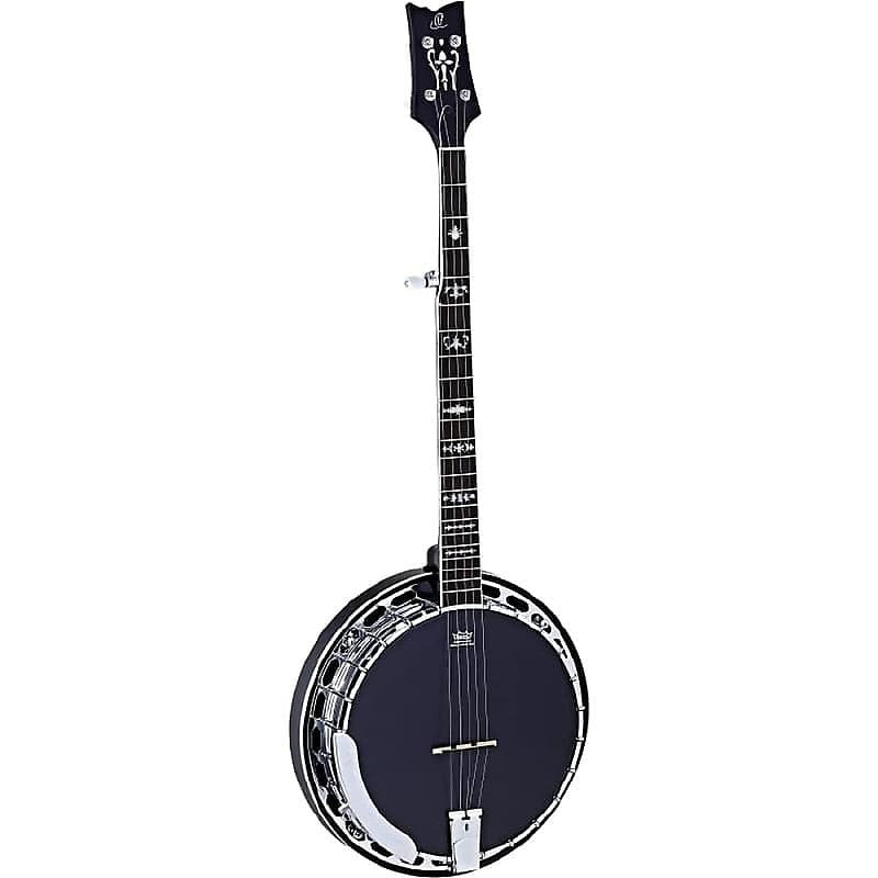 Banjo de 5 cuerdas serie Raven OBJ650-SBK de Ortega Guitars en negro satinado con funda de transporte